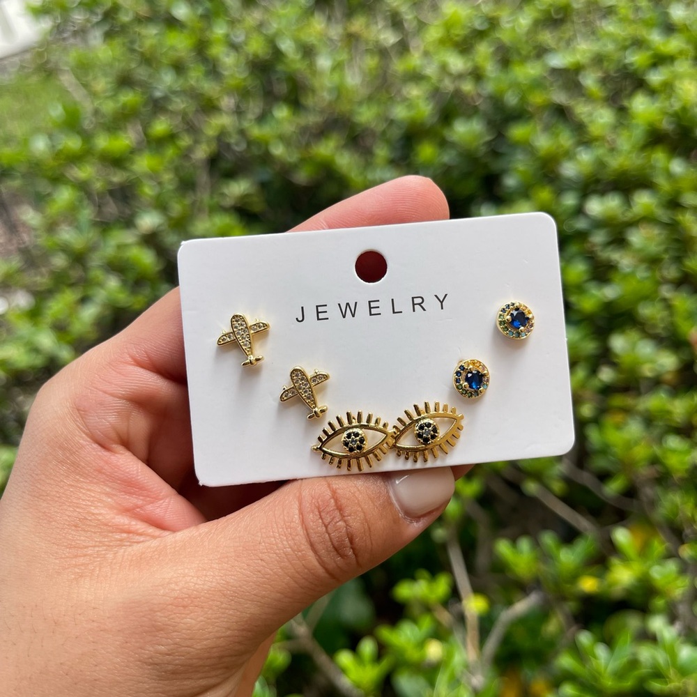 Gold and Blue Eye and Butterfly Earring Set